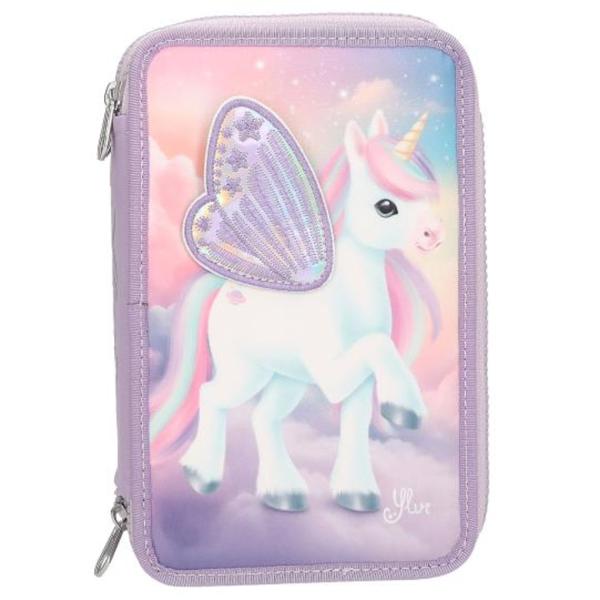 Un unicorn-tastic Penarul triplu de culoare mov de la Ylvi are in fata un motiv mare de unicorn pe un fundal innorat magic Aripa matlasata aplicata realizata din material holo este un detaliu real care atrage atentia la fel ca si dintii cu fermoar argintii irizati Cele trei compartimente separate sunt fiecare complet umplute cu 18 pixuri de colorat si pasla 2 creioane ascutitoare radiera rigla foarfece lipici si o mica punga cu velcro Material principal PES poliamida