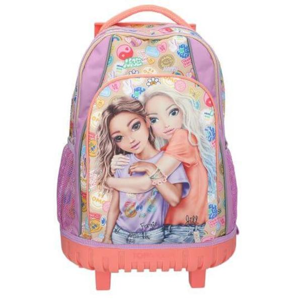 Ghiozdan troller TopModel Girl PowerRucsacul scolar TOPModel este alegerea ideala pentru scoala combinand stilul modern cu functionalitatea Cu un design atractiv in nuante de bej liliac si coral si un imprimeu dublu colorat acest rucsac se remarca prin detalii cool aplicate pe fata laterale si breteleDotat cu un carucior integrat si maner telescopic inaltime extinsa aprox 86 cm rucsacul poate 
