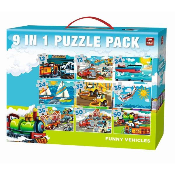 Puzzle 9 in 1 Funny VehiculesRezolvarea puzzle-urilor reprezinta o activitate relaxanta De asemenea iti dezvolta aptitudinileMaterialele folosite sunt de cea mai buna calitateCaracteristiciNumar piese 131Material CartonVarsta recomandata 3 aniAtentionare Produsul este contraindicat copiilor sub varsta de 3 ani deoarece poate contine piese mici care pot fi inghitite sau inhalate existand pericolul de sufocare  Va rugam NU lasati ambalajele produselor la indemana copiilor 