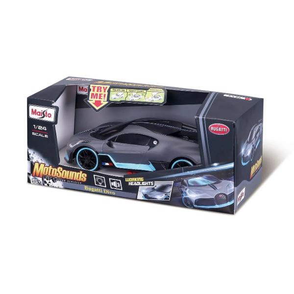 Adauga un hypercar exclusivist in colectia ta cu replica la scara 124 a impresionantului Bugatti Divo din gama MotoSounds de la Maisto Aceasta masina combina un design aerodinamic spectaculos cu efecte sonore si luminoase realiste oferind o experienta captivantaModelul surprinde perfect liniile agresive si detaliile aerodinamice ale Bugatti Divo Caroseria gri mat cu accente albastru deschis vibrante pe roti si elemente de design ii confera un aspect modern si dinamic 