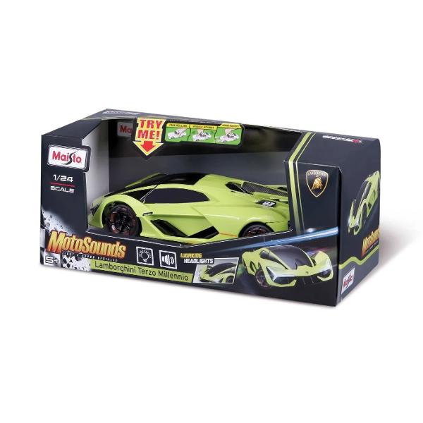 Descopera viitorul designului auto cu replica la scara 124 a revolutionarului Lamborghini Terzo Millennio din gama MotoSounds de la Maisto Aceasta masina combina un aspect futurist cu efecte sonore si luminoase captivanteModelul surprinde perfect liniile avangardiste si conceptul inovator al Lamborghini Terzo Millennio Caroseria verde lime vibrant cu detalii negre contrastante si elemente aerodinamice unice atrage toate privirileExperimenteaza o noua dimensiune a 