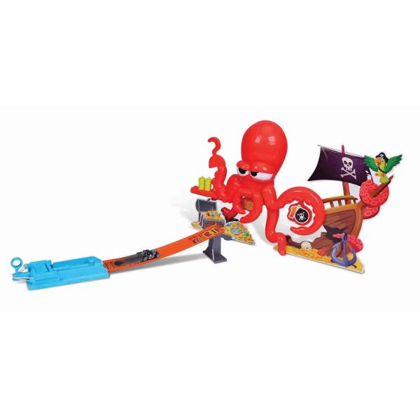 Pregateste-te pentru o misiune plina de actiune si adrenalina cu setul Fresh Metal 100 Octo-Blaster Track Set Acest set te provoaca sa traversezi un traseu periculos pazit de un octopod gigant pentru a ajunge la comoara Setul include un octopod gigant cu tinte actionate de arcuri si un cap mobil care adauga un element de provocare si interactivitate Setul include un lansator din plastic si piese de traseu cu etichete permitand construirea unui traseu captivant Octopodul este echipat 
