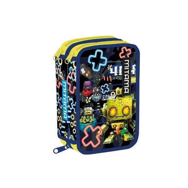 Descopera penarul echipat Mitama cu 3 compartimente si design robotel perfect pentru orice elevInclude 47 de piese 2 pixuri GOODY care se pot sterge unul albastru si unul rosu 2 creioane HB cu corp FLUO 1 marker evidentiator TWICE 2 pixuri cu bila FLUO 1 lipici STRONGLUE 1 radiera FLUO 1 ascutitoare bidon FLUO 1 rigla de 15 cm FLUO 18 creioane colorate 18 cariociMaterial poliester