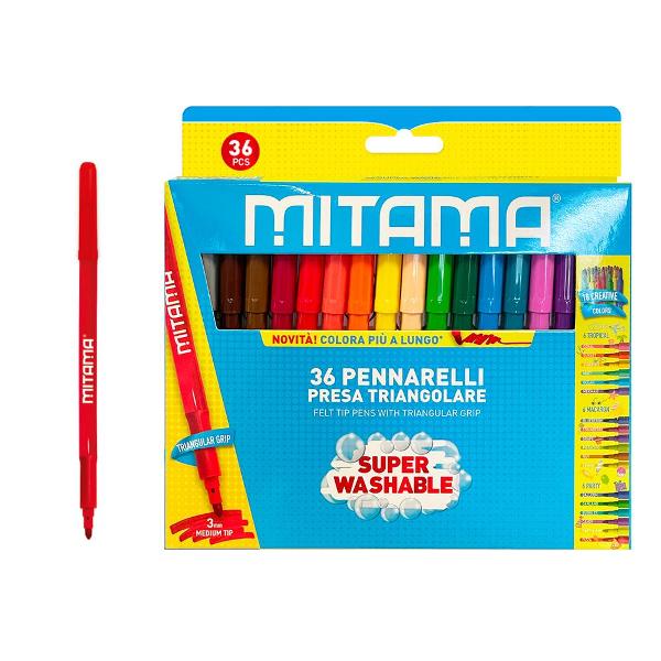 Descopera setul de 36 de carioci lavabile triunghiulare de la Mitama perfecte pentru creatiile artistice ale copiilor taiSet de 36 cariociForme triunghiulare pentru o prindere usoaraCulori lavabile usor de curatatPunta fina pentru detalii precise