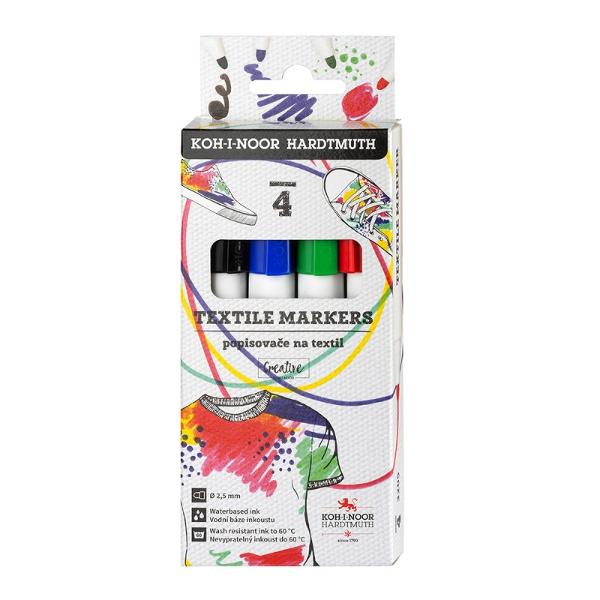 Markerul este umplut cu cerneluri pe baza de apa in 4 culori Destinat pentru scris si pictura pe tesaturi Urma este rezistenta la spalarea normala repetata in masinile de spalat Potrivit si pentru diverse tipuri de hartie Varfuri rotunde de 5 mm in diametru cu o latime a urmei de 25 mm si lungime de 400m