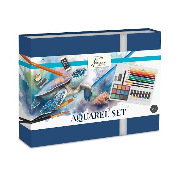 Set pictura acuarele creioane acuarelabile creionHB pensule JK141251 Setul de pictura Creative Craft este ideal pentru artistii in devenire sau pentru cei care doresc sa exploreze lumea artei si a culorilor Acest set complet include o gama diversa de acuarele si creioane acuarelabile oferind posibilitati nelimitate de creatie Creionul HB inclus este perfect pentru schite preliminare iar pensulele de diferite marimi faciliteaza aplicarea culorilor si detalierea lucrarilor Fie ca esti