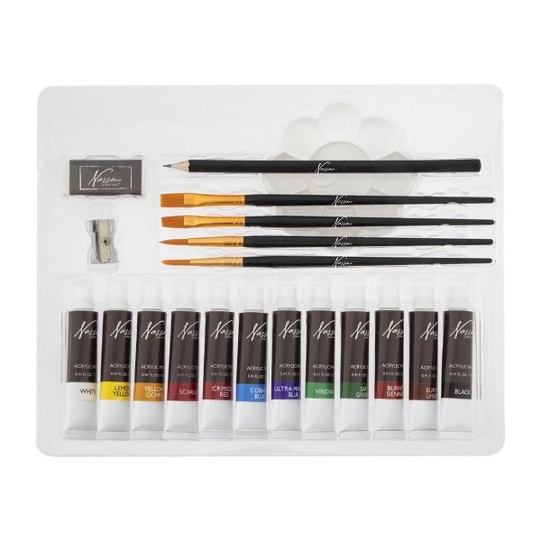 Transforma-ti ideile in opere de arta Acest set de pictura de la Creative Craft contine 21 de piese esentiale pentru orice pasionat de arta Setul include culori acrilice vibrante care se aplica usor si se usuca rapid ideale pentru creatii durabile si pline de viata Paleta inclusa te ajuta sa amesteci culorile cu usurinta pentru a obtine nuante unice Creionul HB ofera precizie in schite iar radiera te ajuta sa corectezi orice greseala cu usurinta Perfect pentru 