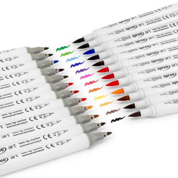 12 culori stralucitoare cu uscare rapida pe baza de alcool Seturile de culori marker cu 2 capete Unul dintre acestea are un varf fin ideal pentru detalii complexe iar celalalt are un varf de pensula Corp alb cu capetele capacelor in culoare pentru o utilizare usoaraSet culori stralucitoare pe baza de alcool cu cerneala care are uscare rapida Ideale pentru a fi folosite pentru design schite si deseneMarkerele sunt multifunctionale putand fi utilizate pe mai 