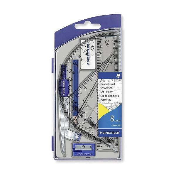 Trusa geometrie 8 piese 550 60SB Alegeti o trusa geometrie completa de la Staedtler Aceasta include accesoriile necesare la orele de matematica creion compas pentru creion linie de 15 cm radiera ascutitoare raportor echer de 45 de grade echer de 3060 de grade si suport pentru accesorii Compasul se utilizeaza cu un creion Adaugati in cos trusa geometrie Staedtler la un raport calitate-pret excelentTrusa geometrie pentru scoalaInclude compas pentru creion creion linie de 15 cm radiera