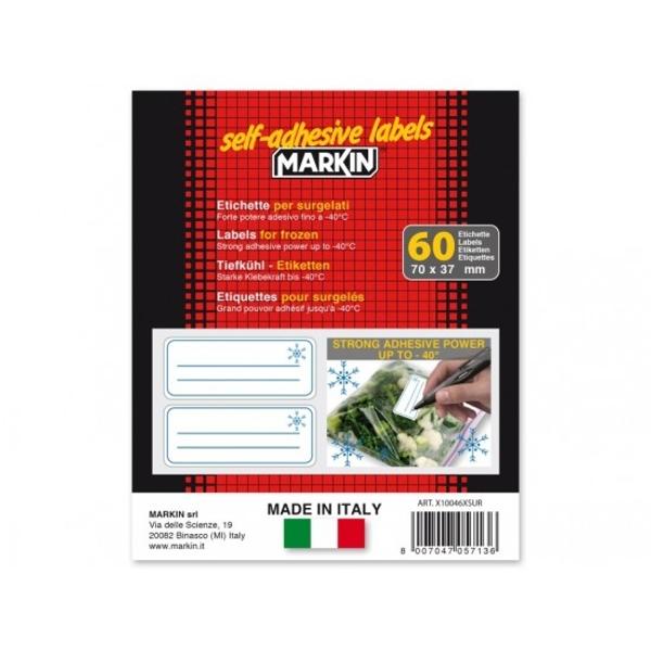 Etichete adezive albe potrivite pentru congelator cu adeziv puternic ce rezista pana la -40°Dimensiuni etichete 70 x 37mmSetul contine 60 de etichete dispuse pe 10 coliDimensiuni set 1525 x 125 mm