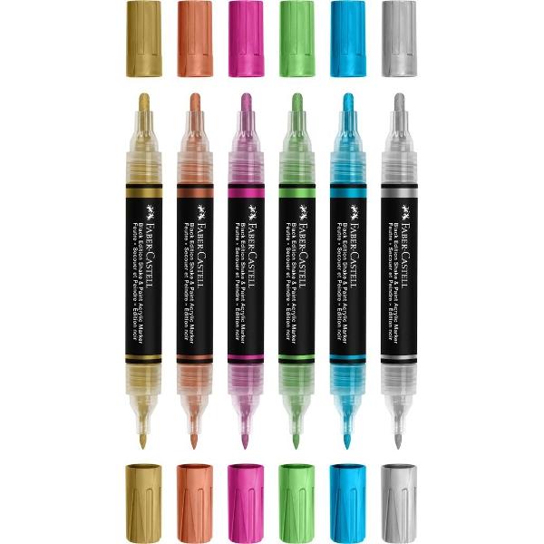 Set ce contine 6 markere acrilice in culori cu efect metalizat auriu argintiu bronz albastru roz si verde Shake&Paint de la Faber-Castell Cerneala pe baza de acril cu pigmenti metalizati Varf dublu varf gros de 3&8239;mm pentru acoperire larga si varf fin de 1&8239;mm pentru detalii precise Markerele sunt rezistente la apa si lumina dupa uscare Usor de aplicat pe o varietate de suprafete hartie carton lemn panza sticla metal piatra si 