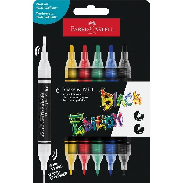 Set de 6 markere acrilice alb galben rosu verde albastru si negru Shake&Paint de la Faber-Castell Cerneala acrilica opaca pe baza de apa intens pigmentata Varf dublu varf gros de 3&8239;mm pentru acoperire larga si varf fin de 1&8239;mm pentru detalii precise Usor de aplicat pe o varietate de suprafete hartie carton lemn panza sticla metal piatra si plastic Markere rezistente la lumina si apa dupa uscare Se recomanda a se agita bine 
