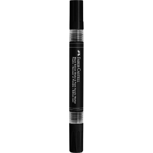 Marker acrilic negru Shake&Paint de la Faber-Castell perfect pentru design in alb-negru evidentiere ilustratii contrastante detalii pe materiale inchise la culoare Cerneala pe baza de acril Usor de aplicat pe o varietate de suprafete hartie carton lemn panza sticla metal piatra si plastic Varf dublu varf gros de 3&8239;mm pentru acoperire larga si varf fin de 1&8239;mm pentru detalii precise Markerul e rezistent la apa si lumina dupa 