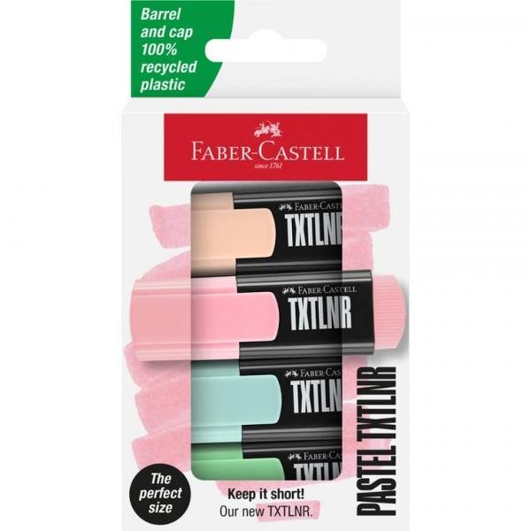 Set de 4 textmarkere mini Faber-Castell nuante pastelate Cerneala pe baza de apa pentru rezultate excelente Varf tesit ce ofera o grosime a liniei de scriere de 1 2 si 5 mm pentru subliniere fina sau evidentiere mai lata Flux de cerneala constant Forma ergonomica pentru o prindere confortabila  Fabricate din plastic reciclat Se recomanda depozitarea orizontala Ideale pentru toate 