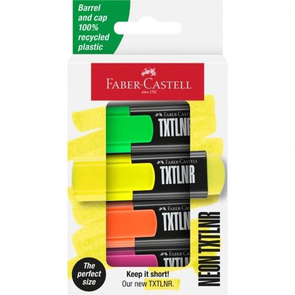 Set de 4 textmarkere mini superfluorescente Faber-Castell pentru evidentiere text pe hartie normala copiativa si fax Cerneala pe baza de apa pentru rezultate excelente Varf tesit ce ofera o grosime a liniei de scriere de 1 2 si 5 mm pentru subliniere fina sau evidentiere mai lata Flux de cerneala constant Forma ergonomica pentru o prindere confortabila  Fabricate din plastic reciclat 