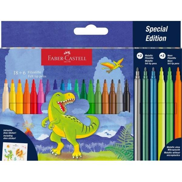 Carioci Faber-Castell editie speciala colectia dinozauri Culori stralucitoare 18 clasice 3 metalizate si 3 neon Varf rezistent la presiune Cerneala pe baza de apa Potrivite pentru desen si colorare pe hartie carton lemn si alte materiale poroase Cutia include stickere cu dinozauri Se recomanda depozitarea cariocilor in pozitie orizontala pentru o durata de viata mai 