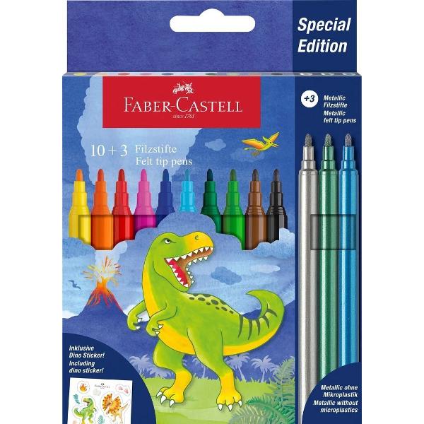 Carioci Faber-Castell editie speciala colectia dinozauri Culori stralucitoare 10 clasice si 3 metalizate Varf rezistent la presiune Cerneala pe baza de apa Potrivite pentru desen si colorare pe hartie carton lemn si alte materiale poroase Cutia include stickere cu dinozauri Se recomanda depozitarea cariocilor in pozitie orizontala pentru o durata de viata mai marediv 