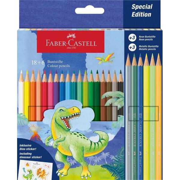 Creioane colorate Faber-Castell in editie speciala dinozauri Setul contine 18 creioane colorate standard impreuna cu 6 creioane suplimentare 3 neon si 3 pastel Forma ergonomica hexagonala pentru o prindere confortabila si stabilitate sporita Cutia si ambalajul au un design tematic cu dinozauri Mina moale rezistenta la rupere tehnologie SV Lemn certificat FSC non-toxic sigur pentru 