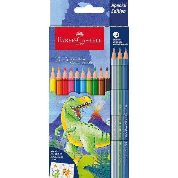 Creioane colorate Faber-Castell in editie speciala dinozauri Setul contine 10 creioane colorate standard si 3 culori metalice Forma ergonomica hexagonala pentru o prindere confortabila si stabilitate sporita Cutia si ambalajul au un design tematic cu dinozauri Mina moale rezistenta la rupere tehnologie SV Lemn certificat FSC non-toxic sigur pentru copii Setul vine intr-o cutie practica care permite depozitarea ordonata a creioanelor si le protejeaza de deteriorare Cutia contine 