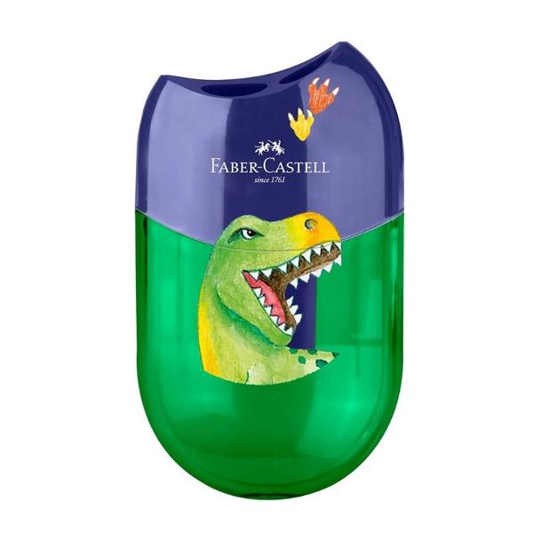 Ascutitoare plastic dubla cu container dinozauri Faber-Castell accesoriul perfect pentru micii artisti si minti creative Forma ovala ergonomica Ideala pentru ascutirea atat creioanelor subtiri 8 mm cat si celor groase 10 mm Confectionata din plastic durabil cu lame de ascutire rezistente Container integrat pentru depozitarea resturilor Design atractiv