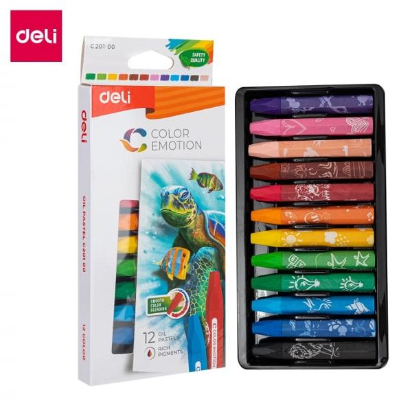 Set de 12 culori ulei pastel Deli Color Emotion de culori stralucitoare la alegere parafina de inalta calitate pentru desen neted Creioanele sunt lavabile Ambalare pentru utilizare curata formula non-toxica cu miros scazut pentru utilizare in siguranta