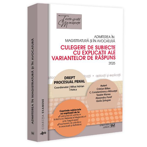 Subiectele selectate respectând structura examenelor pe care se bazeaza astazi concursurile de admitere în profesiile juridice la care se adauga &537;i explica&539;iile tuturor variantelor de raspuns vor permite simularea examenelorconcursurilor de admitere în profesiile juridice precum &537;i gestionarea emo&539;iilor specifice acestoraLucrarea cuprinde subiectele date la concursurileexamenele de admitere în 