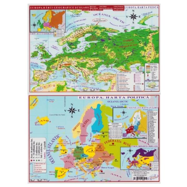Plansa include 4 pagini fiecare cu o harta distincta • Harta fizica a Europei pe partea frontala • Harta politica a Europei pe verso • Harta climatica a Europei in interior • Harta fluviilor si lacurilor din Europa in interiorAceasta este plastifiata pe ambele fete si pliata pentru o utilizare practicaHartile geografice sunt instrumente esentiale pentru explorarea si intelegerea lumii Ele ofera reprezentari vizuale ale terenurilor resurselor 