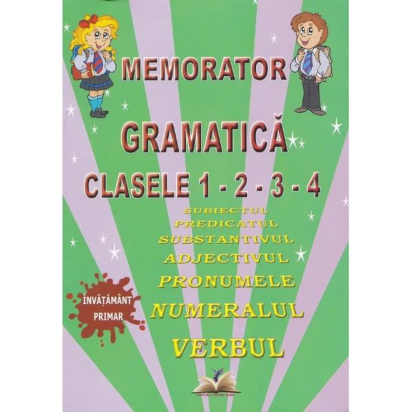 Memorator gramatica pentru clasele a I-a - a IV-a vine in sprijinul elevilor din ciclul primar in vederea consolidarii cunostinelor predate la clasa Contine• Subiectul• Predicatul• Substantivul• Adjectivul• Pronumele• Numeralul• Verbul