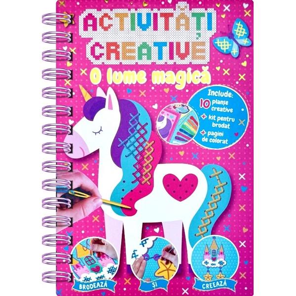 Brodeaza creeaza si coloreazaPur si simplu cu ajutorul planselor creative si a kit-ului de brodat poti crea broderii unice Apoi ia creioanele colorate si da viata paginilor de coloratInclude• 10 planse creative• kit pentru brodat 8 ate colorate  1 ac de plastic• pagini de coloratAVERTISMENT Contraindicat copiilor mai mici de 3 ani Produsul poate contine componente mici care se pot inghiti existand 