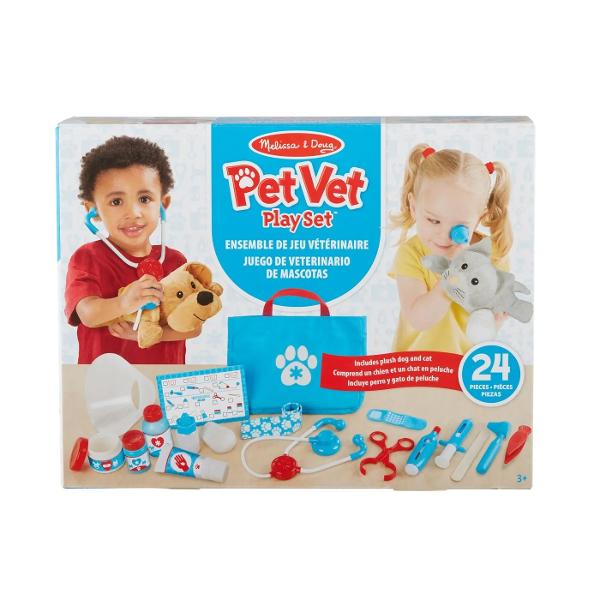 Set de joaca doctor veterinar simulat cu 24 de piese cu caine si pisica de plus si accesorii distractive pentru jocuri de rol veterinare Include stetoscop termometru seringa endoscop auricular penseta clema gips bandaje &bdquo;tratamente&rdquo; &bdquo;unguente&rdquo; si o lista de verificare reutilizabila fata-verso pentru vizitele la cabinet Recunoscut de expertii in jucarii de la Institutul Good Housekeeping pentru modul in care ajuta copiii sa dezvolte empatia in timp ce se 