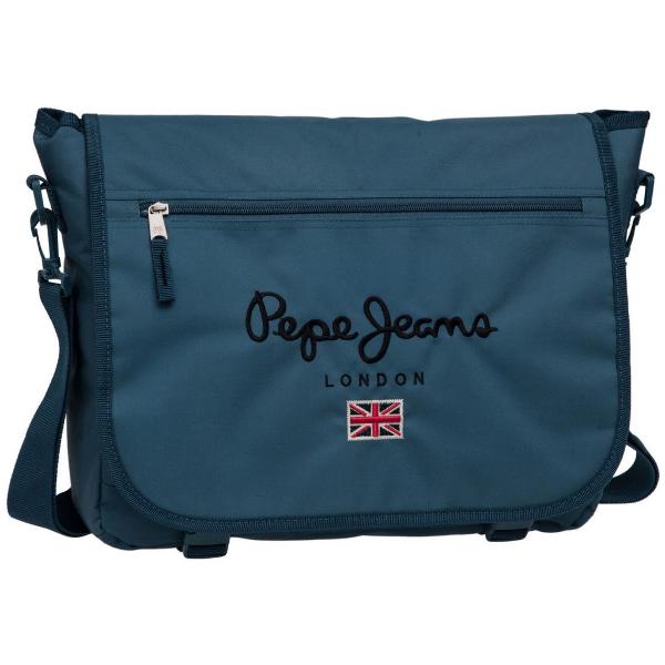 Geanta de laptop Pepe Jeans London 38 cm  1 compartiment 1 buzunar exterior culoare albastra confectionata din poliester bareta ajustabila de cca 90 cm