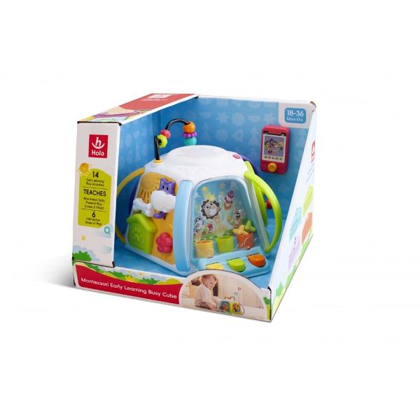 Cubul Montessori pentru invatare timpurie este o jucarie interactiva recomandata pentru copii cu varste intre 18 si 36 luni Ofera 14 activitati de invatare timpurie si 6 laturi interactive concepute pentru a stimula dezvoltarea abilitatilor motorii fine jocul de rol si intelegerea relatiei cauza-efect