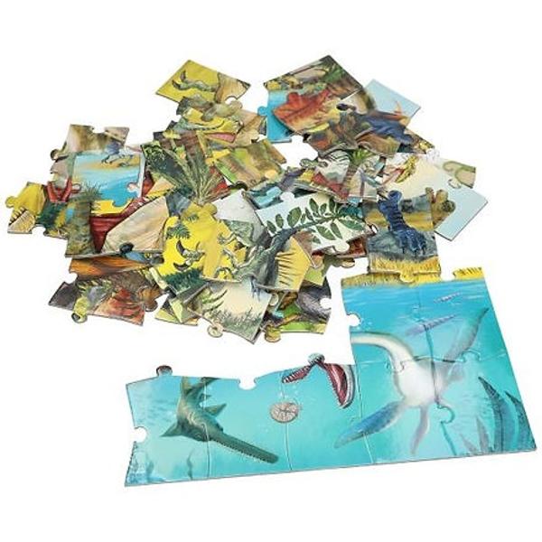 Distractie cu dinozauri In 50 de piese Frumosul puzzle de la Dino World are o dimensiune finita de 58 x 40 cm Recomandat de la 4 ani Intr-o cutie practica din carton cu maner de transport