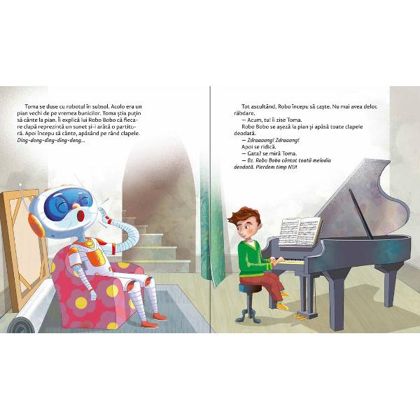 Toma trebuie s&259;-l înve&539;e pe robo&539;elul lui n&259;zdr&259;van s&259; se poarte ca oamenii Iar oamenii iubesc muzica Poate Robo Bobo s&259; în&539;eleag&259; muzica &537;i chiar s&259; cânte &537;i el Hm… Toma face câteva încerc&259;ri cu o trompet&259; cu un pian cu ni&537;te pahare cu sunetele armonioase din natur&259;… Rezultatul final se va vedea la un concert Hei dar oare de ce râd spectatorii 