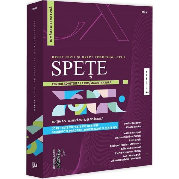 Editia a cincea a prezentei lucrari contine 70 de teste insumand peste 150 de spete si subiecte teoretico-practice in cadrul acestora fiind problematizate teme variate de drept civil si drept procesual civil concepute astfel incat sa acopere in principiu tematica de concurs pentru admiterea la Institutul National al Magistraturii si in magistratura Este bine cunoscut faptul ca inca de la prima sa aparitie prezenta lucrare a fost extrem de bine receptata de catre cititorii 