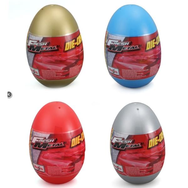 Oul surpriza Maisto Fresh Metal ascunde in interior o masinuta metalica die cast la scara 1 la 64 Caroseria este realizata din metal rezistent cu detalii realiste si roti mobile perfecte pentru joaca sau pentru colectionare Fiecare ou are un design colorat si atractiv oferind copiilor bucuria descoperirii si a surprizei Potrivit pentru copii peste 3 ani