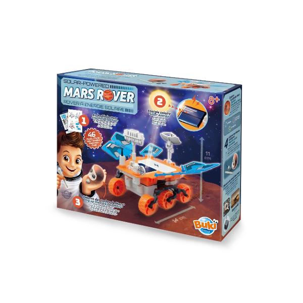  Asambleaza un vehicul care se va putea alimenta cu energie solara Robotelul poate functiona si cu o baterie LR06-AA neinclusa astfel incat sa te poti juca chiar si fara lumina soarelui Exploreaza mai departe excavand un bloc de ipsos pentru a descoperi patru roci autentice- andezit magnetit hematit si olivina - similare cu mineralele gasite pe marte de roverele stiintifice Dimensiunile rover-ului asamblat 22514 