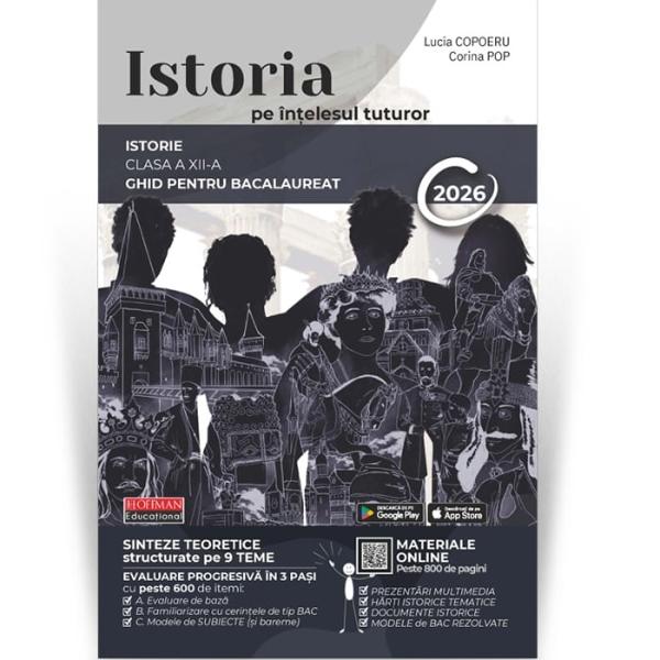 Descopera Bacalaureatul pe intelesul tuturor – noul concept inovator de invatareSINTEZE TEORETICE – structurate pe teme conform programelor scolareEVALUARE PROGRESIVA IN 3 PASIA Evaluare de bazaB Familiarizare cu cerintele de tip BACC Modele de subiecte insotite de baremeSuport digital accesibil prin intermediul codurilor QR ce include– Prezentari multimedia– Harti istorice 