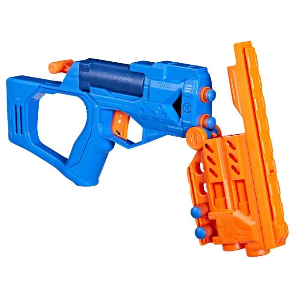 Lansatorul Nerf N-Strike Topbreaker din seria NP este o jucarie de actiune captivanta pentru copiii de peste 8 ani Are un design colorat albastru si portocaliu si permite incarcarea rapida a proiectilelor prin mecanismul special de deschidere pe partea superioara Include 4 darts Nerf oficiale concepute pentru performanta si siguranta in timpul jocului Ideal pentru batalii dinamice acest blaster stimuleaza miscarea coordonarea si spiritul de competitie intre prieteni