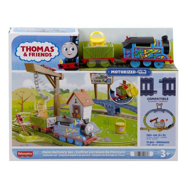 Copiii de varsta prescolara isi pot trimite bunul prieten Thomas in cursa prin statia Wayland pentru a ridica si livra vopsea cu acest set de tren si sina motorizat Thomas &amp Friends de la Fisher-Price Apasati comutatorul de deasupra motorului pentru a-l trimite pe Thomas sa alerge de-a lungul pistei Dar ai grija Pe masura ce Thomas trage camionul cu probleme peste pod cutiile de vopsea se vor clatina si se vor arunca din patul camionului Necesita 2 baterii AAA neincluse