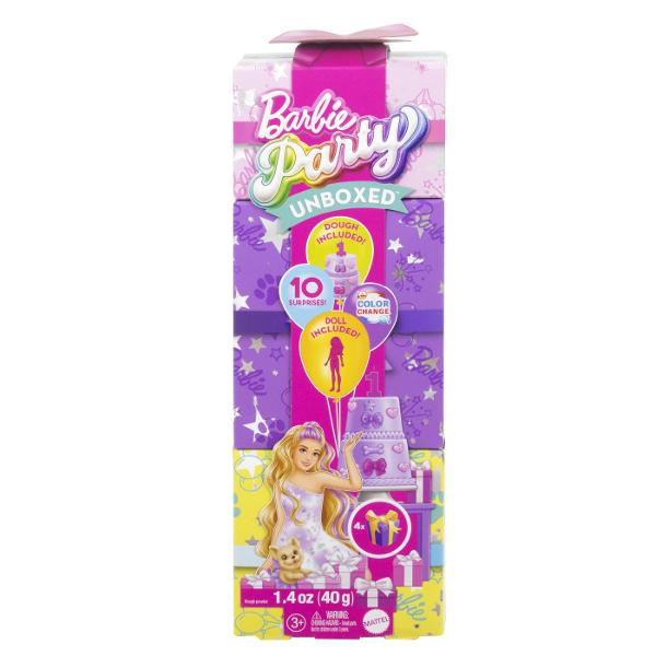 Cu 10 surprize care asteapta sa fie &bdquodesfacute&rdquo seria Barbie Party Unboxed Pet Birthday transforma despachetarea intr-o petrecere cu un teanc de 4 cadouri care ascund o papusa un animal de companie si multe altele Ce papusa vei dezvalui Unbox the Birthday Bows este pregatit sa gaseasca o papusa de moda blonda cu fire de par roz si un tip de corp inalt impreuna cu o rochie roz decorata cu fundite metalizate argintii si cizme albe Continuati sa deschideti 
