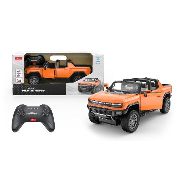 Copilul dumneavoastra se poate juca in voie cu masina cu telecomanda GMC HUMMER EV PORTOCALIU scara 1 la 16 oferita de brandul international Rastar Nicio cursa nu este imposibil de castigat cu acesta masinuta replica oficiala cu licenta a modelului original construita cu mare atentie la detalii Masinuta are proportiile ideale pentru momente pline de distractie si amuzament avand dimensiunile in centimetri dupa cum urmeaza  40225175Masinuta functioneaza pe frecventa de 