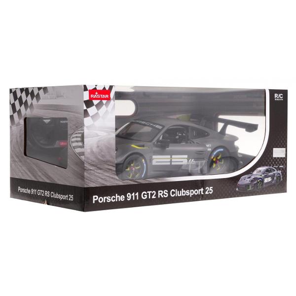 Copilul dumneavoastra se poate juca in voie cu masina cu telecomanda PORSCHE 911 GT2 RS CLUBSPORT 25 scara 1 la 14 oferita de brandul international Rastar Nicio cursa nu este imposibil de castigat cu acesta masinuta replica oficiala cu licenta a modelului original construita cu mare atentie la detalii Masinuta are proportiile ideale pentru momente pline de distractie si amuzamentMasinuta functioneaza pe frecventa de 24GAlimentarea se face astfel  pentru masinuta sunt necesare 5 baterii 