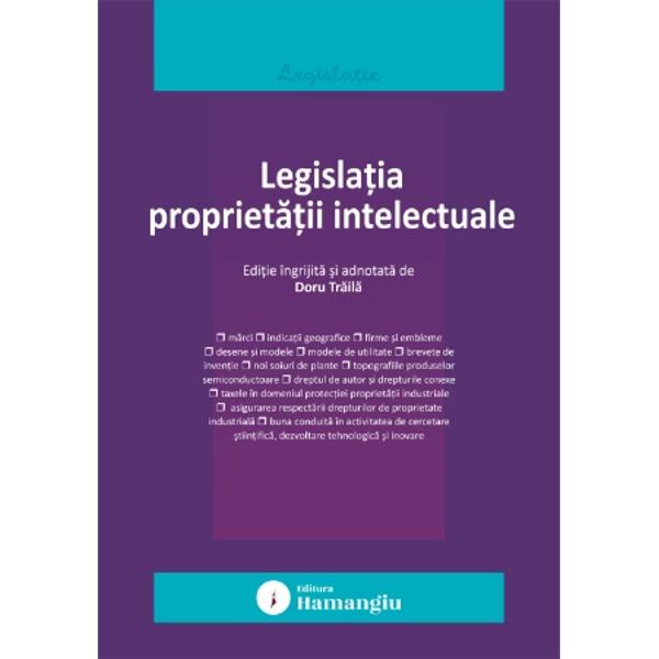 Lucrarea Legislatia proprietatii intelectuale se adreseaza in principal studentilor facultatilor de drept care au in programa disciplina dreptul proprietatii intelectuale fiind structurata pe doua parti astfel partea I Proprietatea industriala cuprinde 28 de acte normative dispozitii generale; marci indicatii geografice firme; desene si modele; modele de utilitate; inventii; noi soiuri de plante; topografiile produselor semiconductoare iar partea a II-a Dreptul de autor si 
