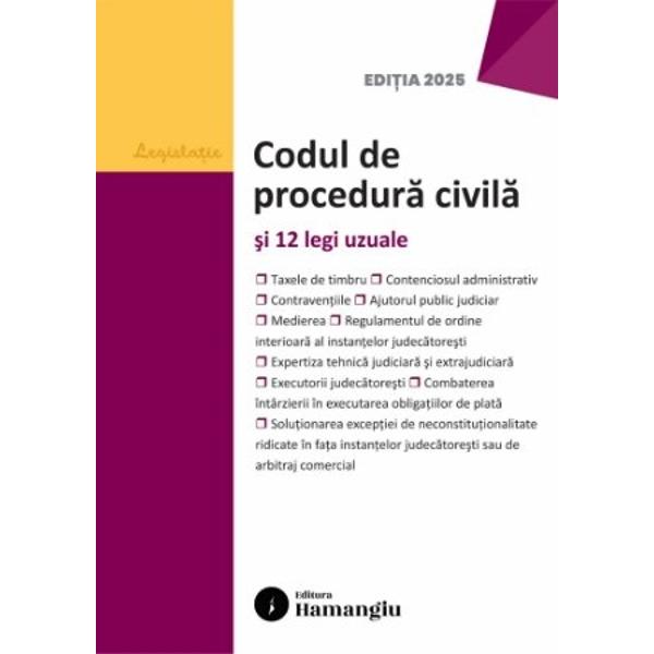 Codul de procedura civila si 12 legi uzuale cuprinde textul la zi al Codului de procedura civila iar in extras sunt redate dispozitiile tranzitorii si de punere in aplicare din Legea nr 762012 si din Legea nr 22013 In plus contine integral sau in extras 10 dintre cele mai uzuale acte normative care intregesc cadrul legal al procedurii civile Regulamentul de ordine interioara al instantelor judecatoresti contenciosul administrativ regimul juridic al contraventiilor taxele de 