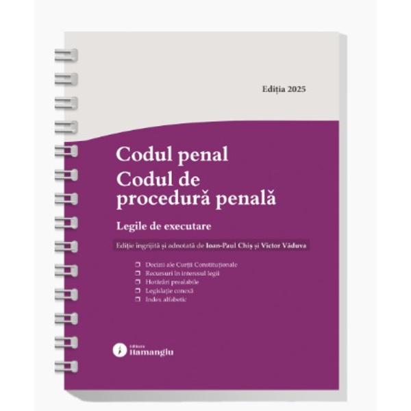 Alaturi de cele doua coduri penale Codul penal Codul de procedura penala Legile de executare cuprinde si legile de executare a pedepselor masurilor privative si masurilor neprivative de libertate – Legea nr 2532013 si Legea nr 2542013La fel ca toate lucrarile din seria de legislatie a Editurii Hamangiu Codul penal Codul de procedura penala Legile de executare prezinta pe langa forma consolidata 