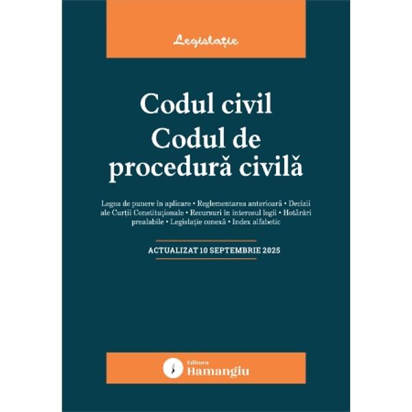 Codul civil Codul de procedura civila reuneste textele la zi ale celor doua legi in vigoare in materie civila si de procedura civila oferind o baza teoretica de studiu practicienilor cadrelor didactice studentilor dar si tuturor celor implicati in interpretarea si aplicarea acestor dispozitiiAcolo unde este cazul la finalul articolelor sunt indicate cu caractere italice textele corespondente din actele normative care au fost abrogate si al caror 