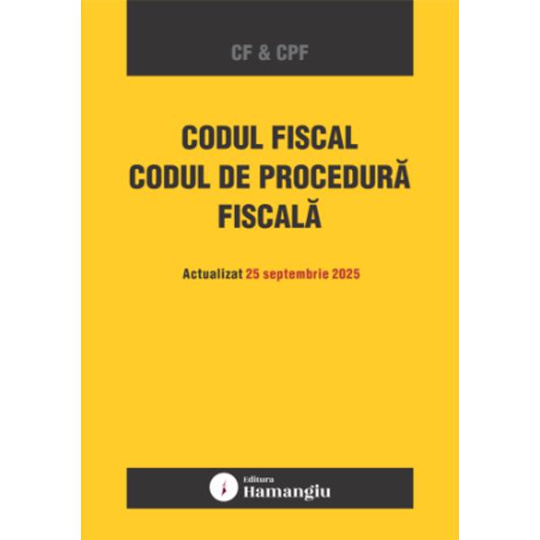 Volumul Codul fiscal Codul de procedura fiscala reuneste cele doua acte normative de baza in materia fiscalitatii actualizate cu dispozitiile modificatoare publicate pana la data de 25 septembrie 2025 Textele codurilor sunt corelate cu intreaga legislatie conexa prin indicarea la nivelul fiecarui articol a ordinelor care contin instructiuni si proceduri de aplicare emise de Ministerul Finantelor Publice de Agentia Nationala de Administrare Fiscala de 