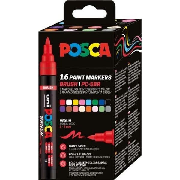Marker cu varf pensula UNI PC 5BR Posca 1-4 mm set 16 culori M1603