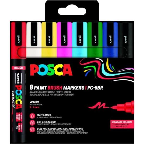 Marker cu varf pensula UNI PC 5BR Posca 1-4 mm set cu 8 culori M1602